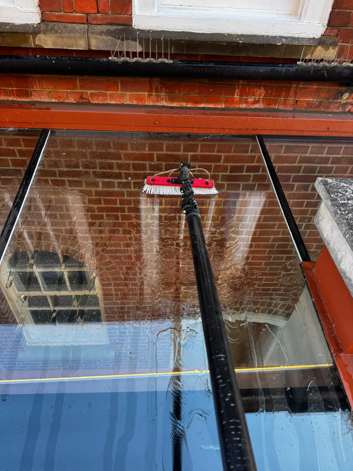 Red water-fed pole brush head washing the sloped glass roof panels of an extension, with brickwork reflected in the wet glass