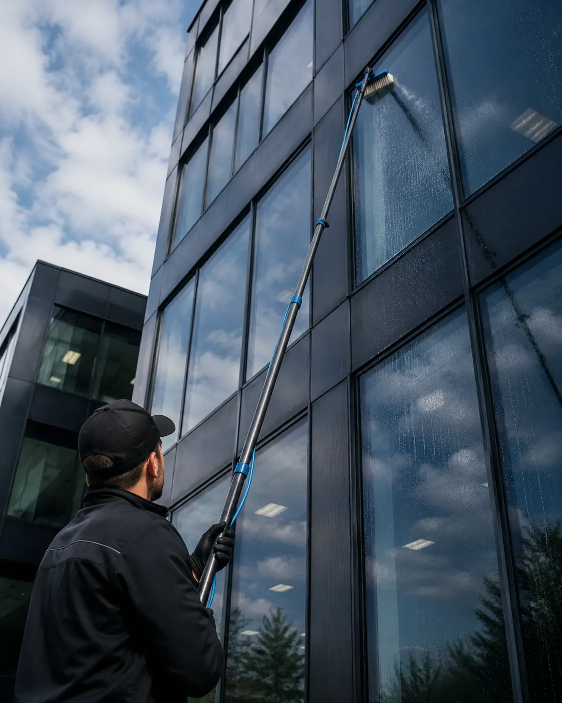 Window cleaner extending a water-fed pole up a multi-storey glass curtain wall