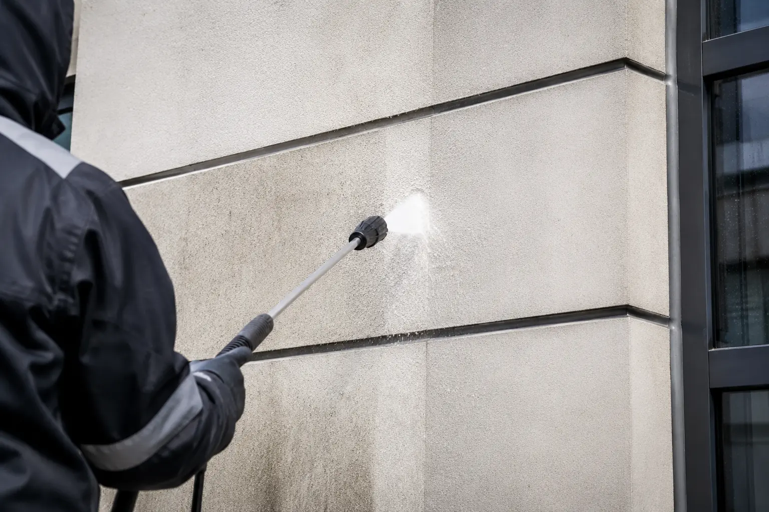 Technician pressure-washing a stone-cladded building façade with a lance, clean patch forming on the surface