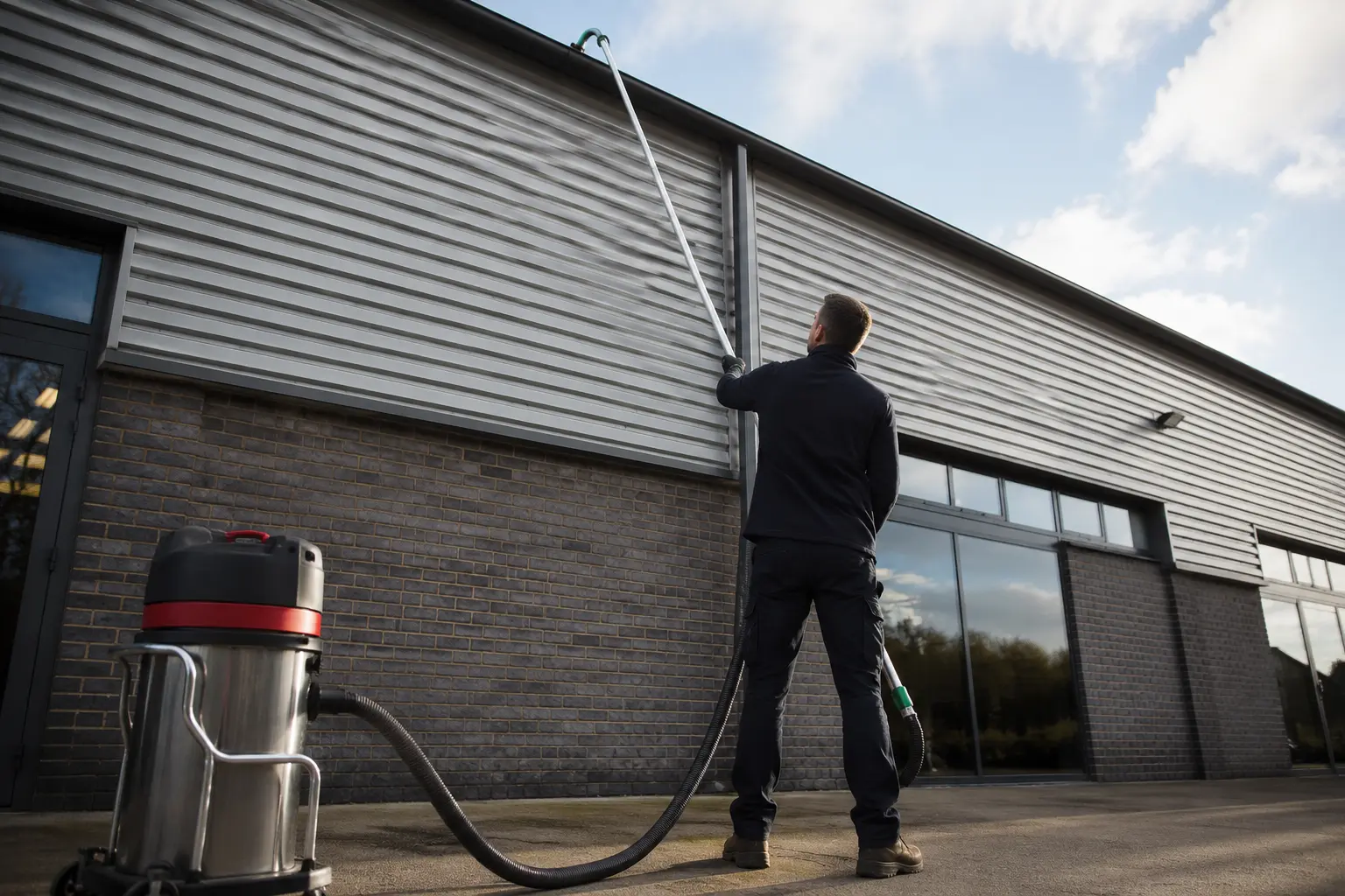 Operative using a long gutter vacuum pole on a corrugated steel industrial unit with a wet-dry vac on the ground