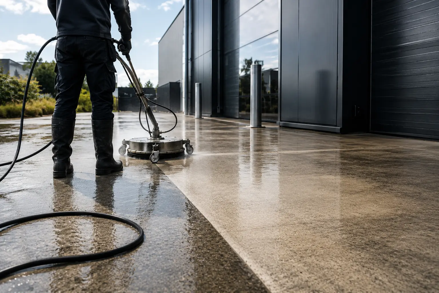 Operative using a rotary surface cleaner on a wet concrete commercial forecourt outside a dark industrial building