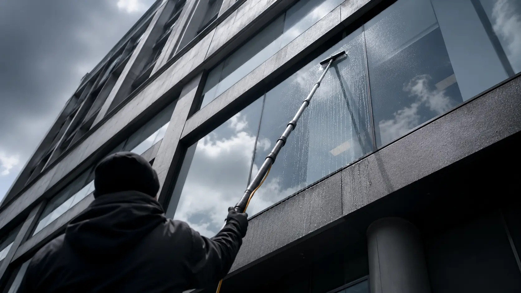 Operative extending a water-fed pole to clean multi-storey commercial glazing from ground level