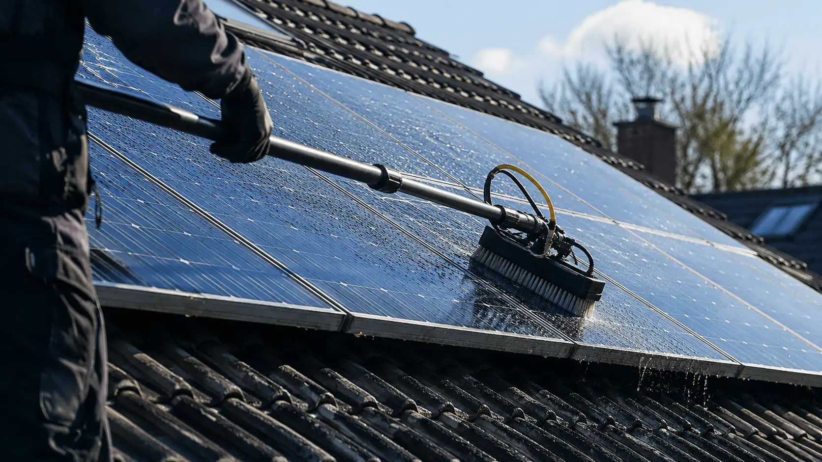 Technician using a water-fed rotary brush to clean solar PV panels on a residential roof