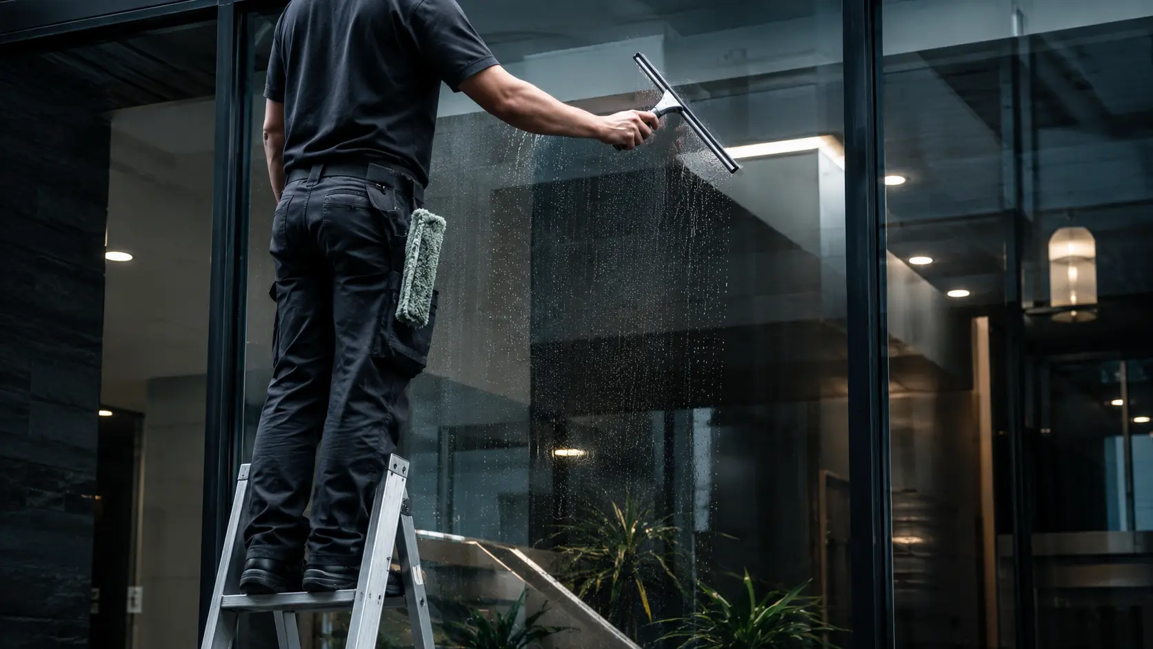 Window cleaner on an aluminium ladder squeegeeing large glass panels on a commercial entrance